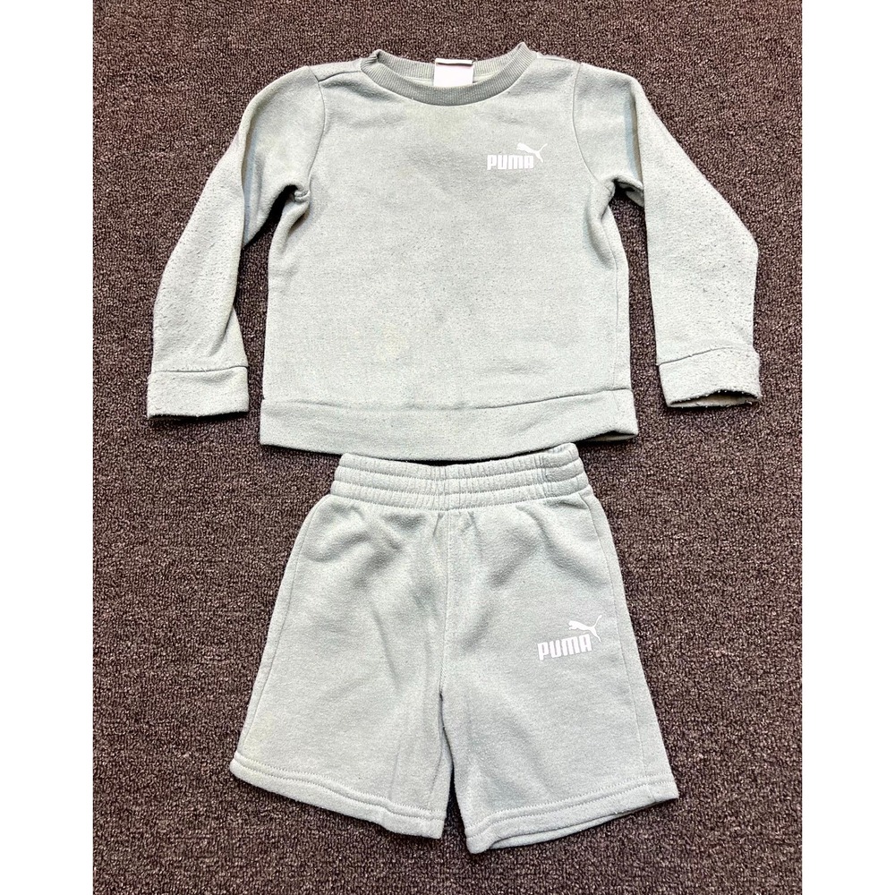 Puma 2 Piece Set Baby 3T Green Logo Fleece Lined Cozy Warm Shorts And Sweatshirt